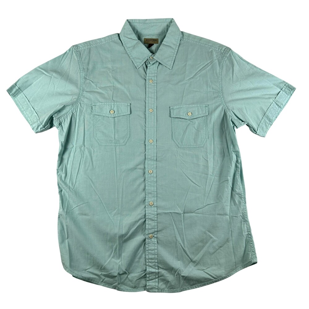 Sonoma Life + Style Shirt Mens Large Green Solid Short Sleeve Button Up Casual
